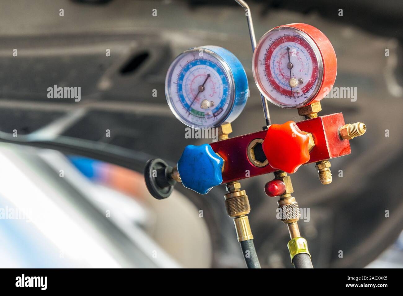 Closeup on gauges of air compressor Stock Photo Alamy