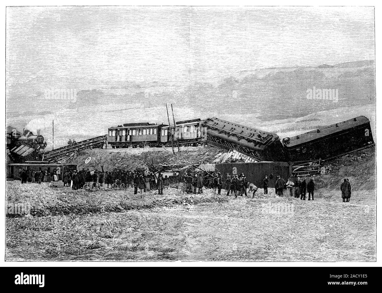 Derailed train. 19th-century artwork of carriages of a train that ...