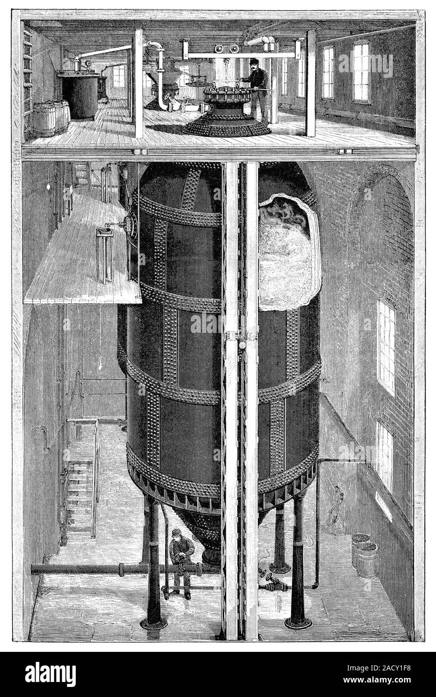 Sulphite process for wood pulp. 19th-century artwork of a large ...