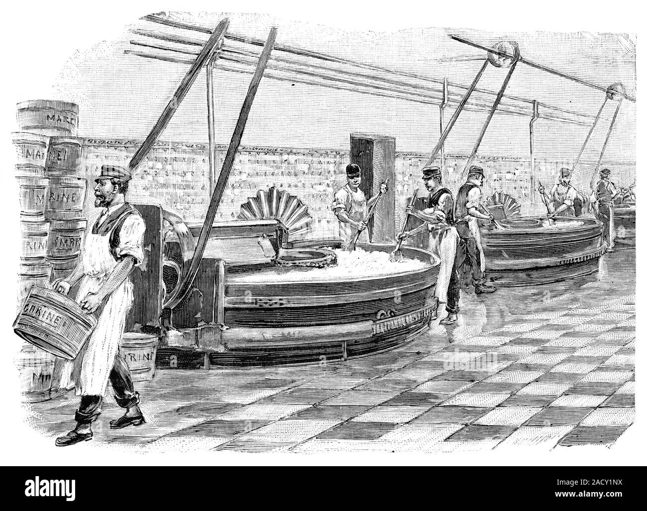 Margarine production. Early 20thcentury artwork of workers stirring