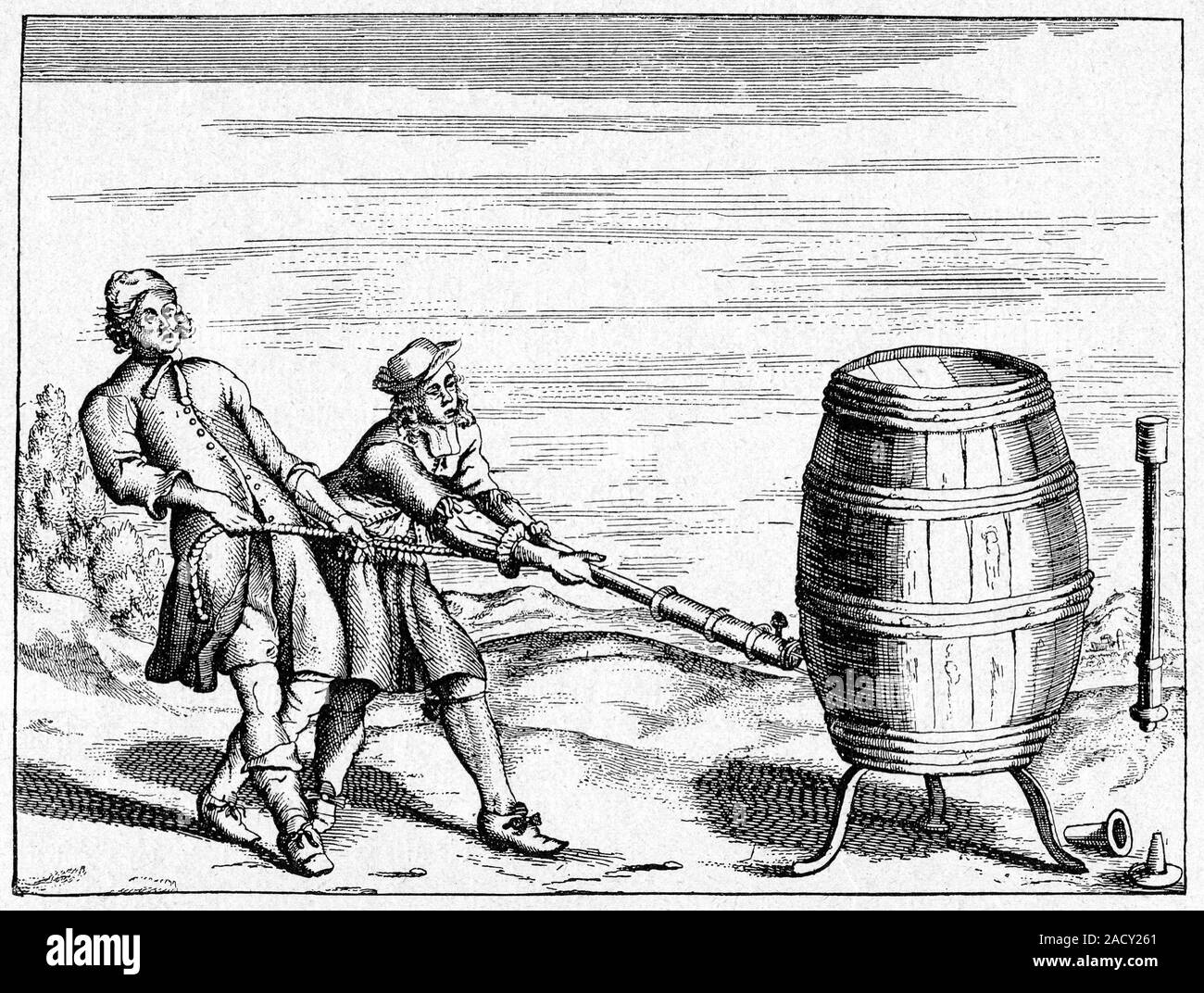 17th Century vacuum experiment. 1672 Dutch engraving of the German