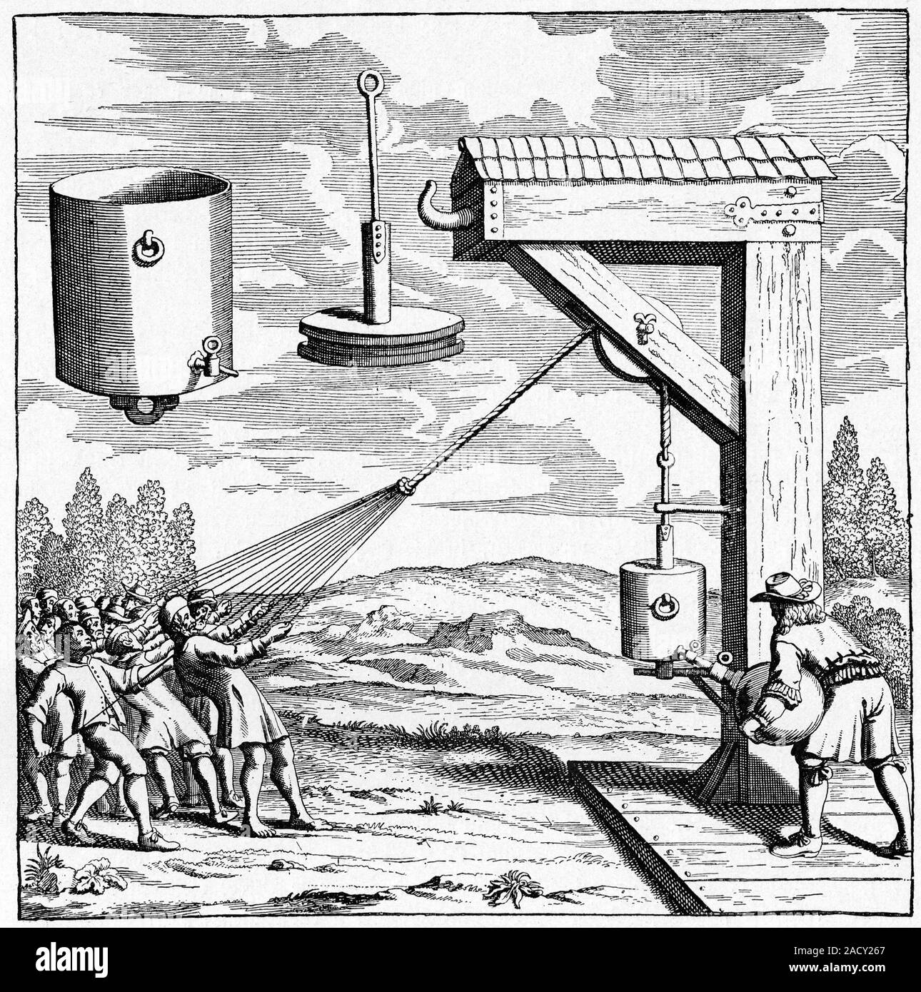 17th Century vacuum experiment. 1672 Dutch engraving of the German