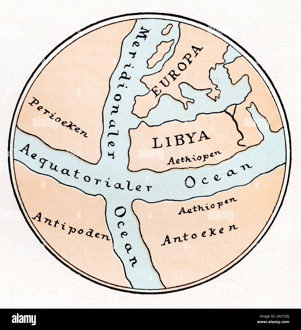 The Globe of Crates. Historical engraving of a globe designed by the Greek philosopher Crates of