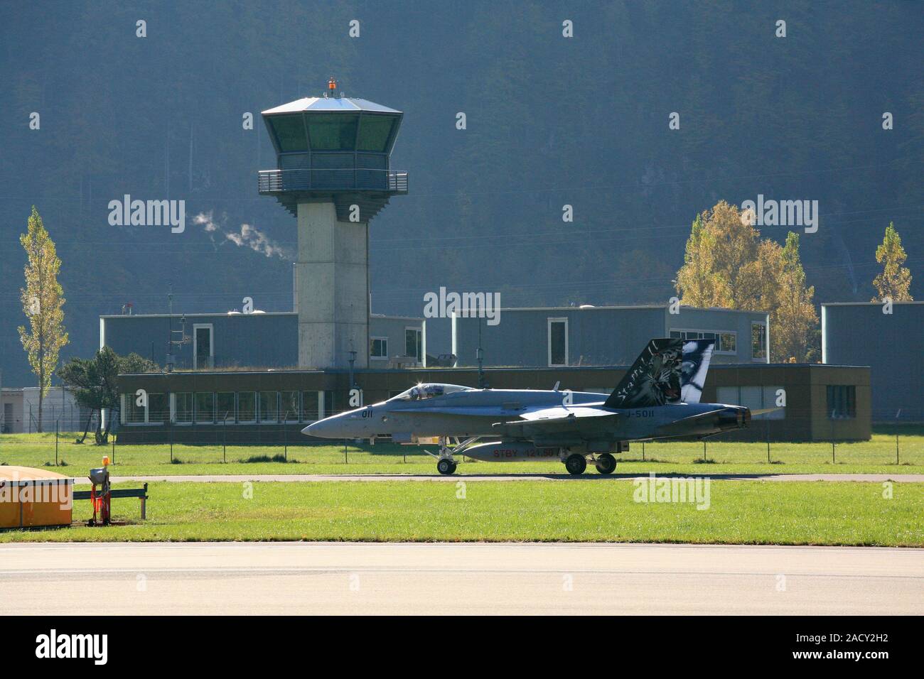 Switzerland, Meiringen, Airfield Tower FA 18 Hornet Stock Photo