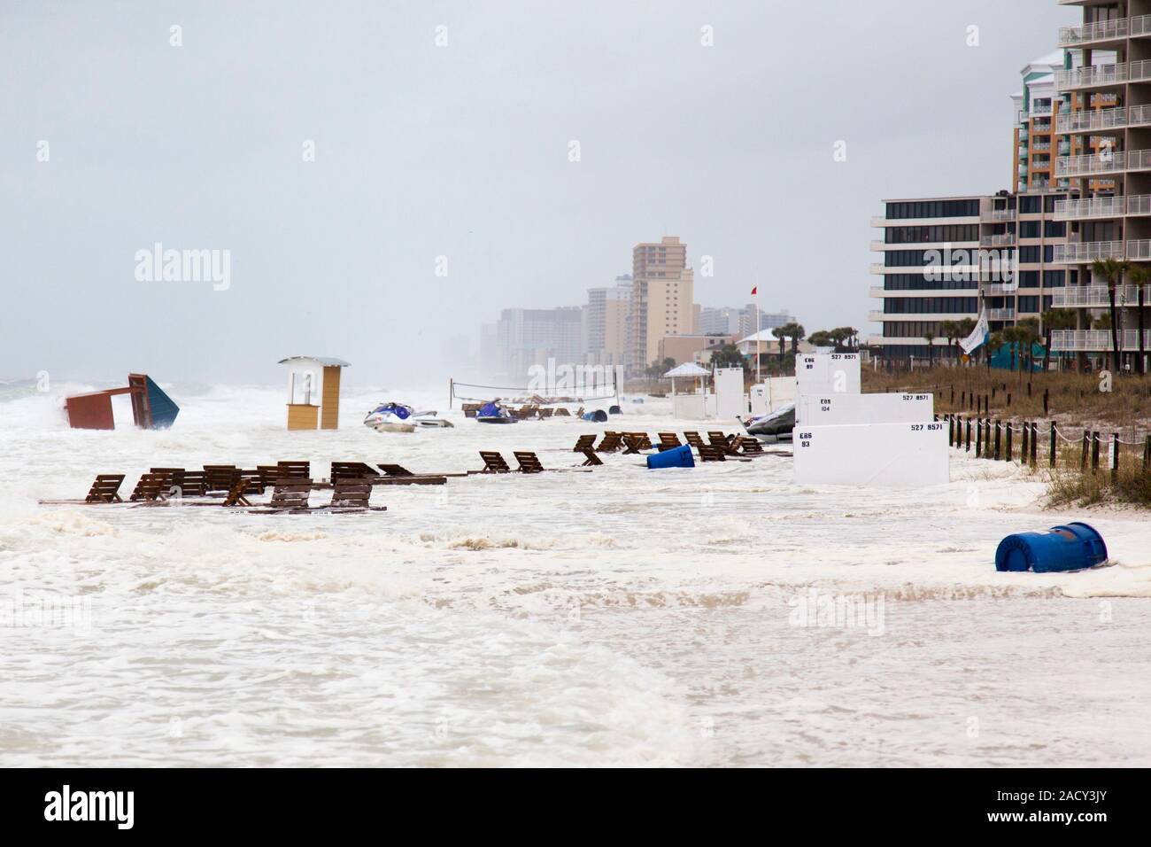 Meteotsunami. Ocean water flooding a seaside resort as a rare