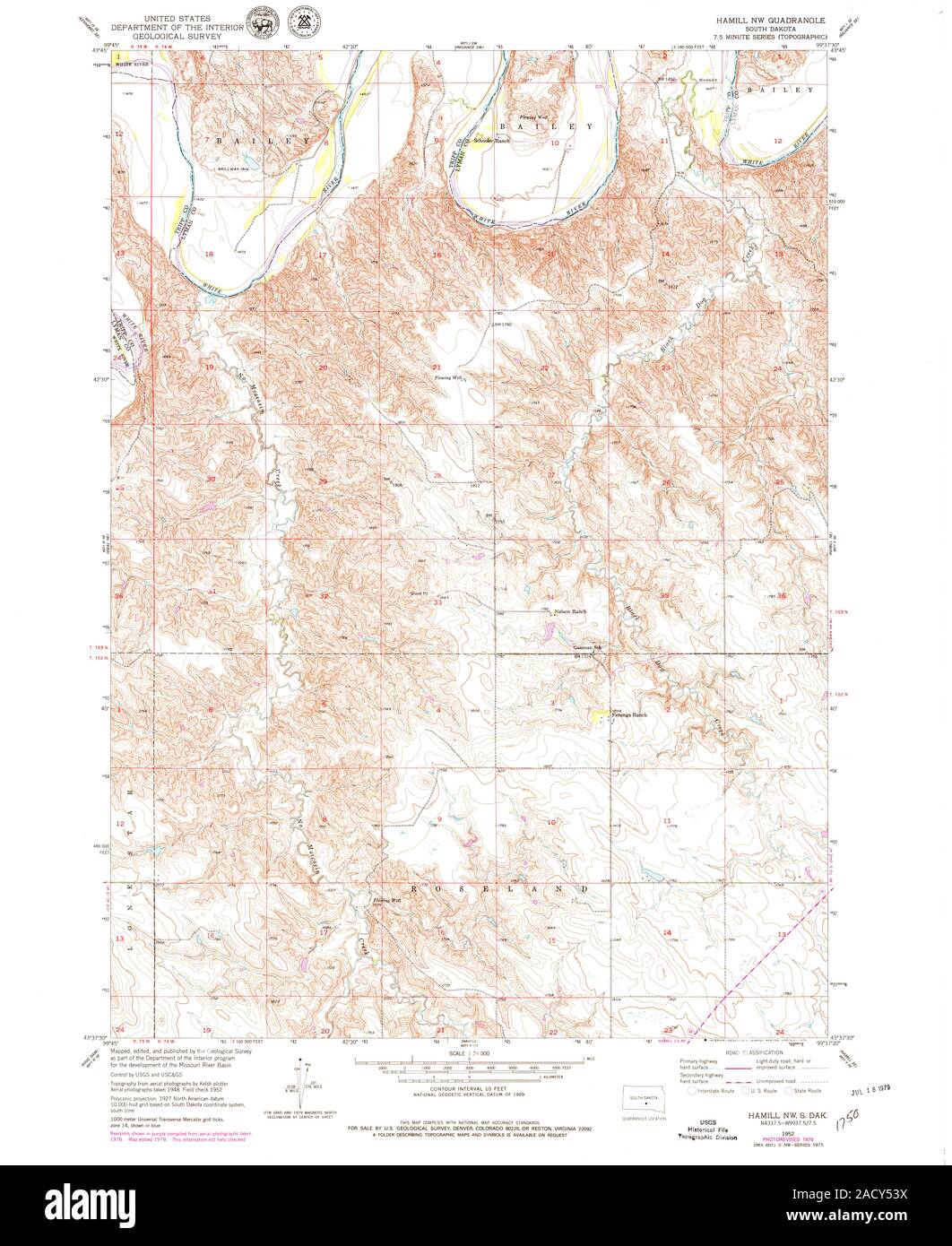 USGS TOPO Map South Dakota SD Hamill NW 343303 1952 24000 Restoration Stock Photo