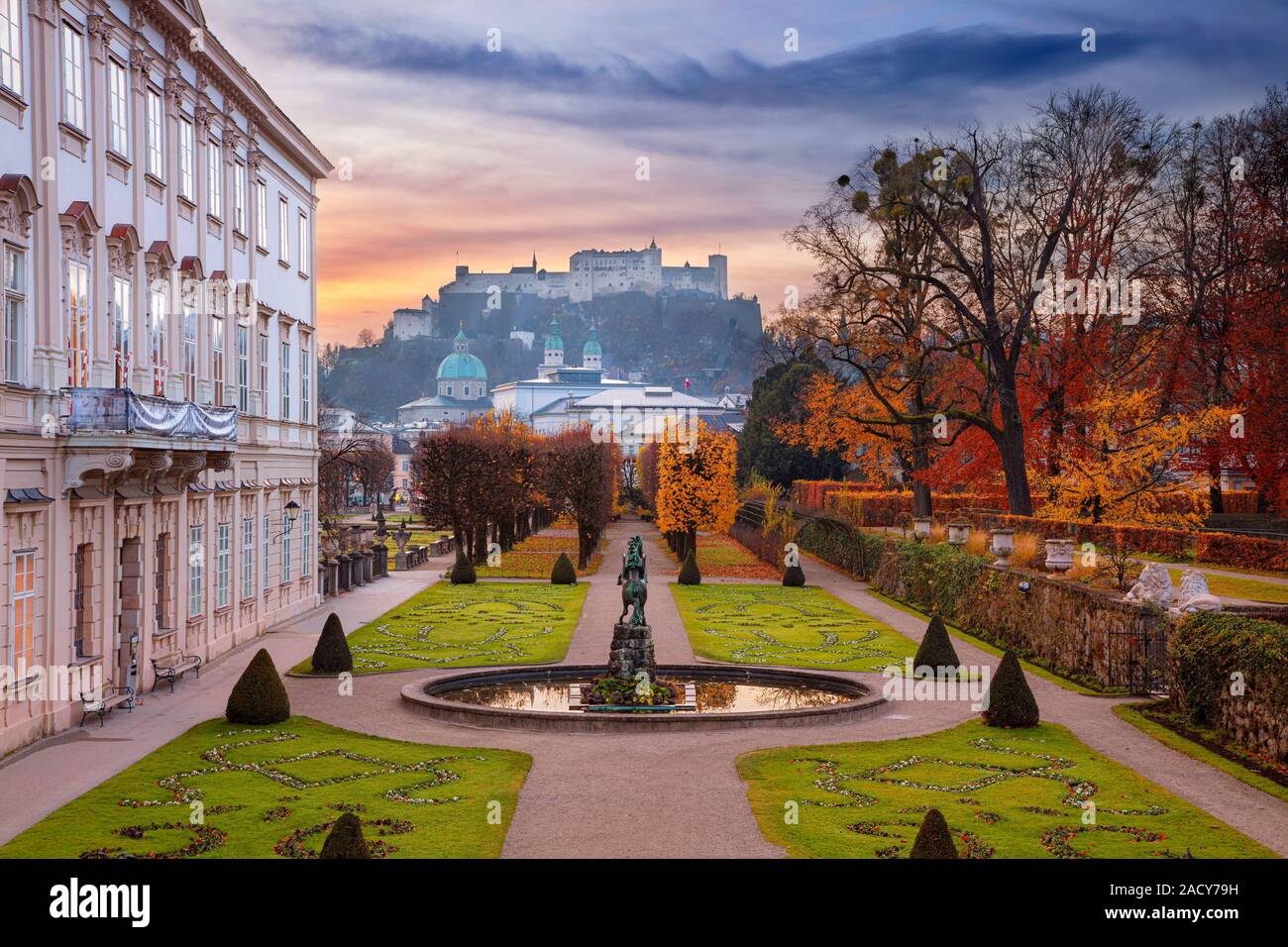 Salzburg, Austria. Cityscape image of the Salzburg, Austria with Mirabell Gardens during autumn sunrise. Stock Photo