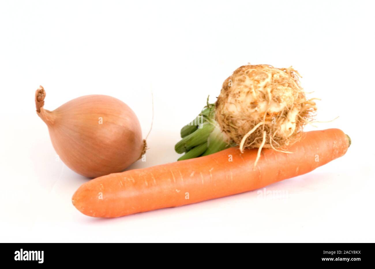 Celery, onion, and carrot ready for mirepoix preparation Stock Photo