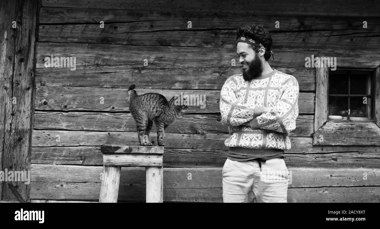portrait of man and cat Stock Photo - Alamy