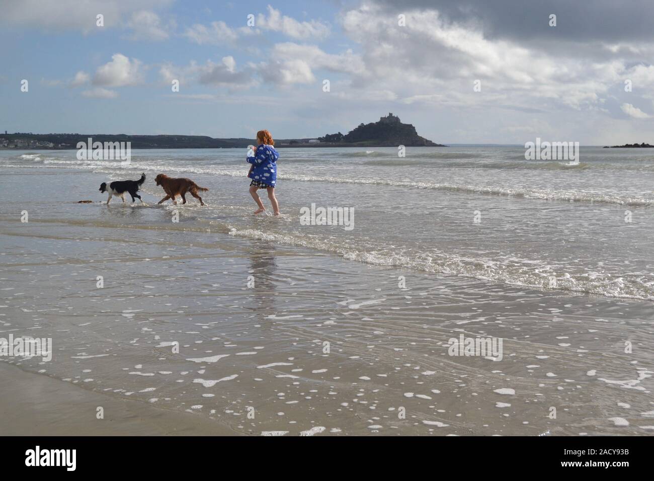 st michaels mount little girl running on beach with dogs Stock Photo