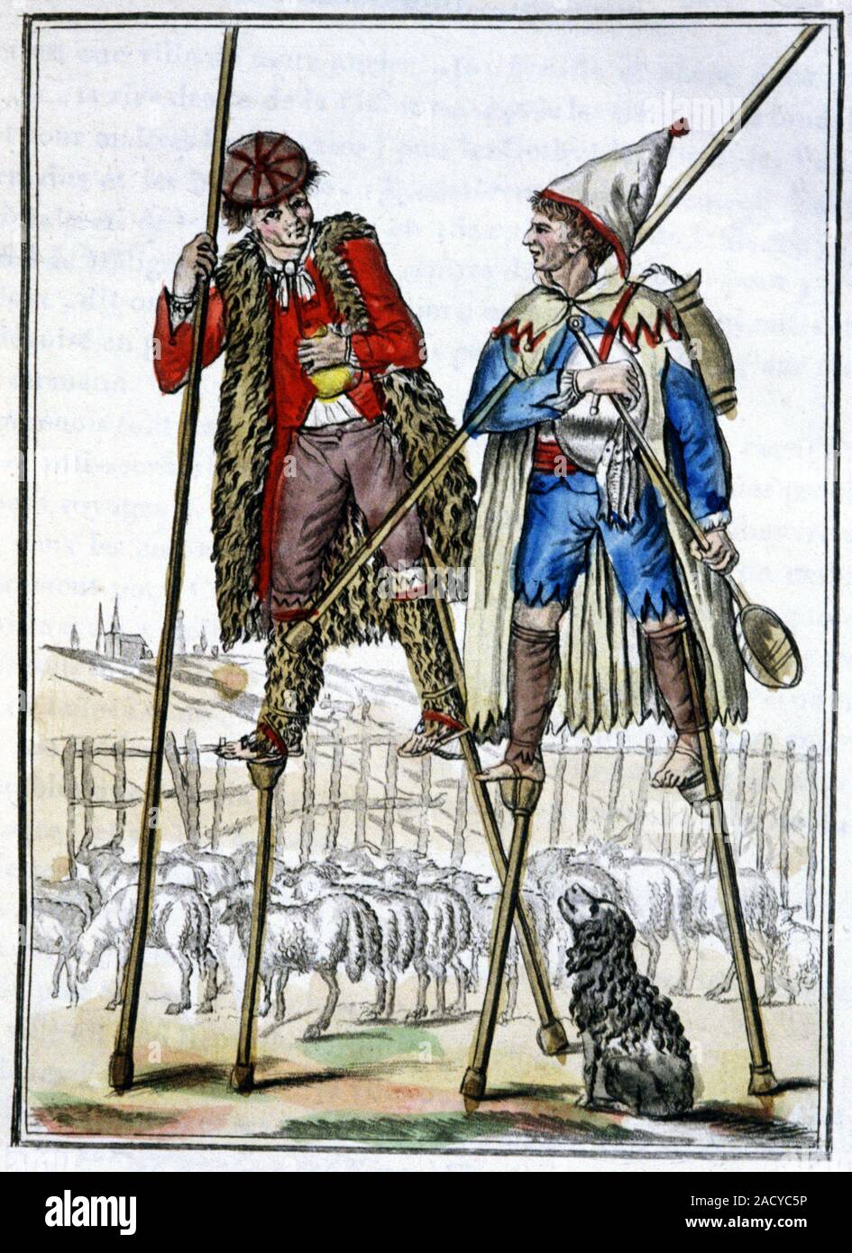 French shepherds on stilts. Circa 1810 engraving of shepherds from the