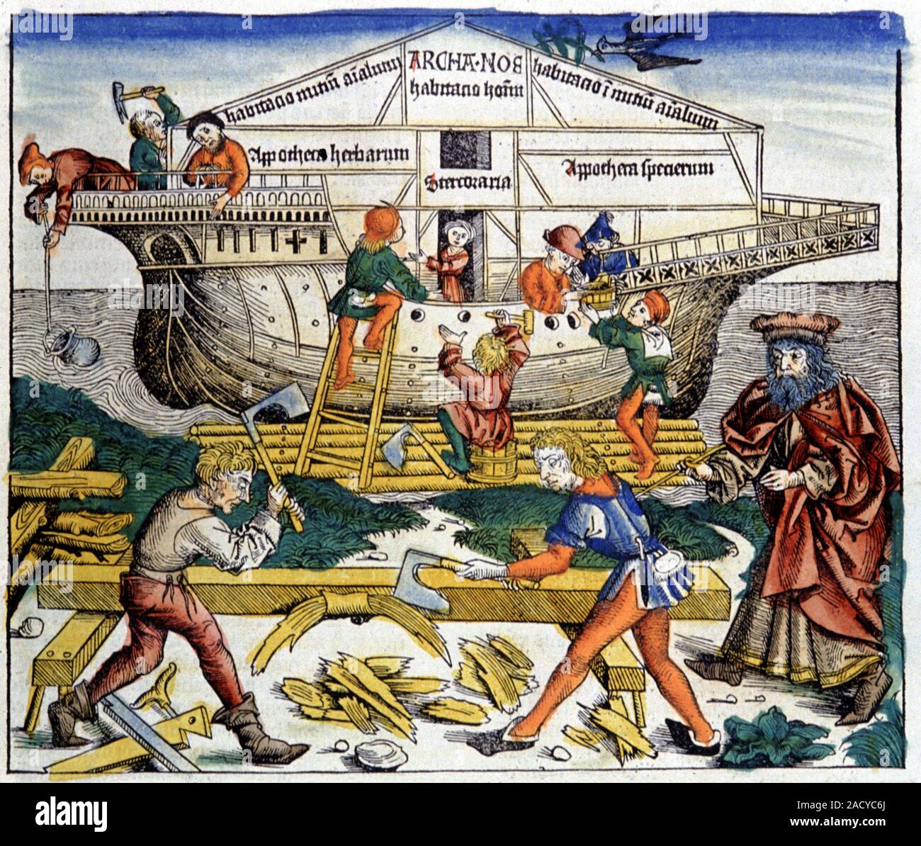 Building Noah's Ark. 15th Century German woodcut print by Melchior