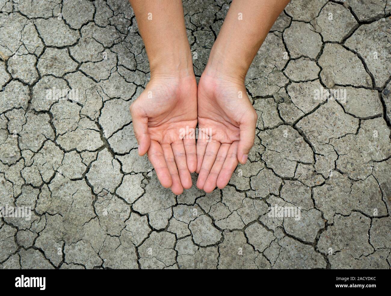 Asian woman's hand On dry, cracked soil or soil during the dry season Stock Photo