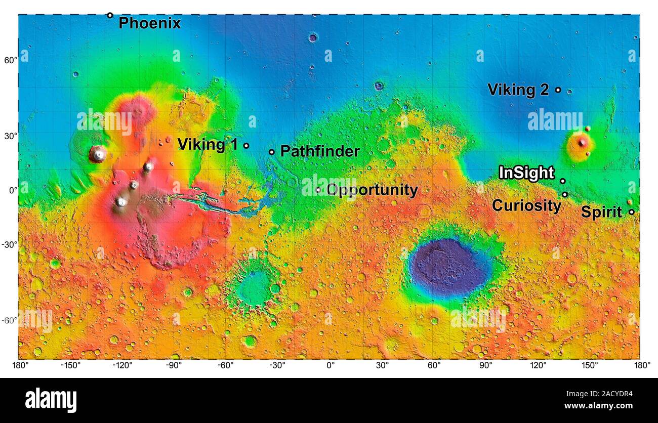 Mars mission landing sites. Topographic map showing the landing sites of various NASA Mars