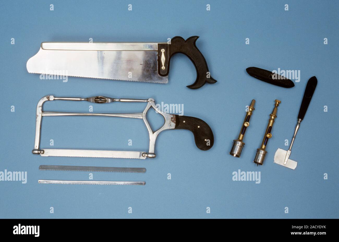 Surgical equipment including leg saws (for amputations) and trephines