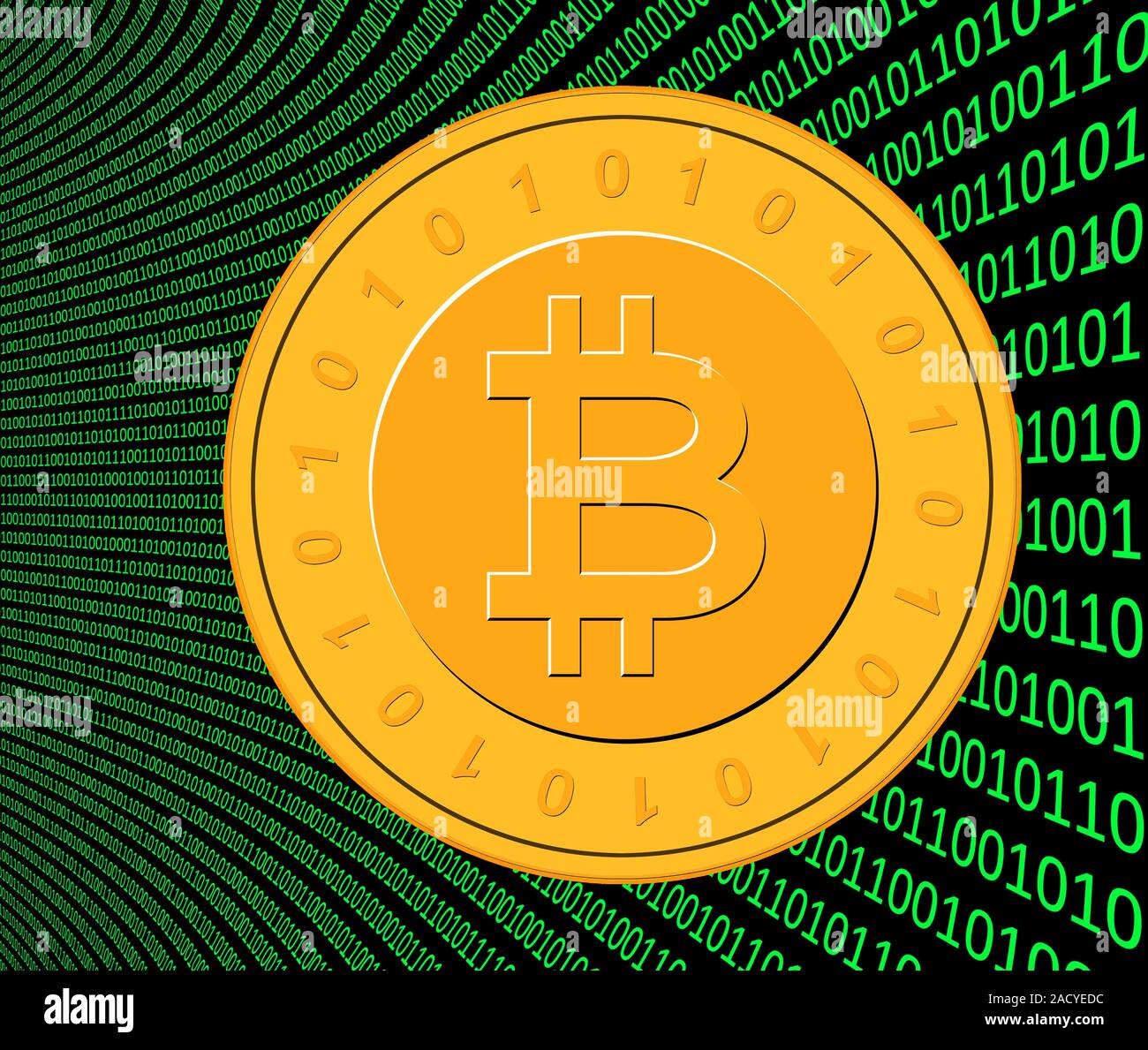 Bitcoin and binary code, conceptual computer artwork. Stock Photo