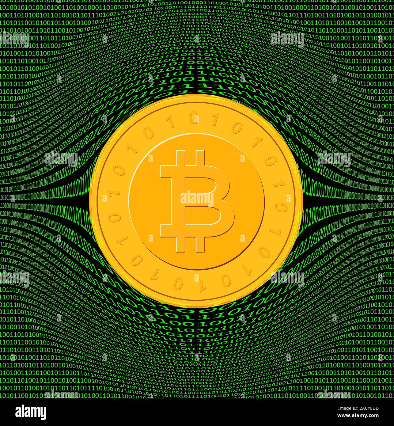 Bitcoin and binary code, conceptual computer artwork. Stock Photo