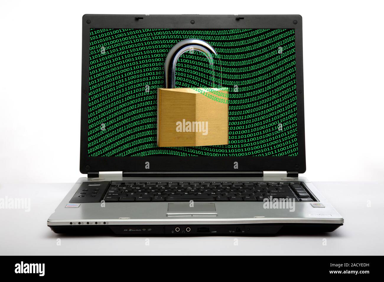Secure laptop computer. Conceptual image of a padlock and binary code on a laptop computer screen, representing the need to keep such systems secure a Stock Photo