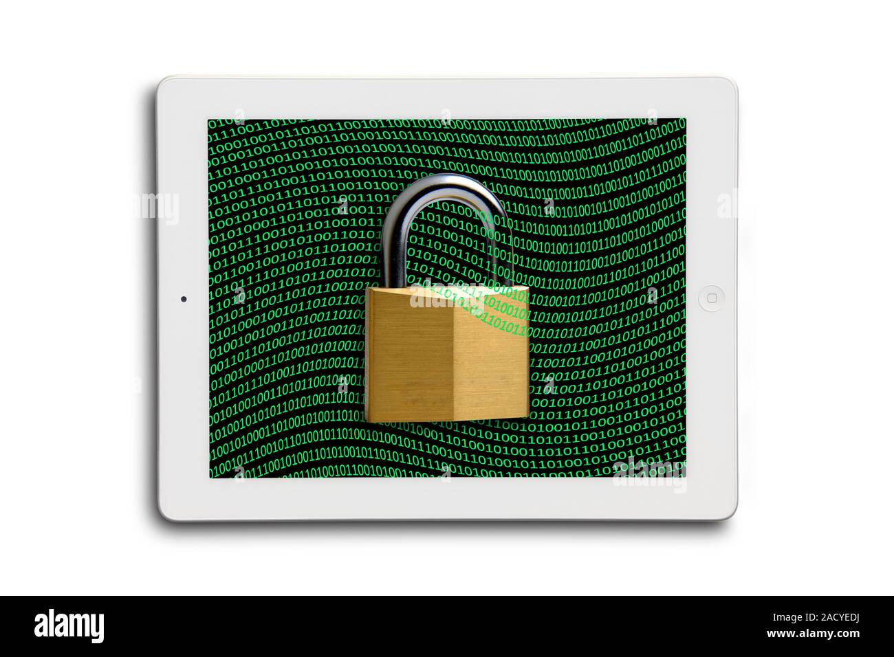 Secure tablet computer. Conceptual image of a padlock and binary code on a laptop computer screen, representing the need to keep such systems secure a Stock Photo