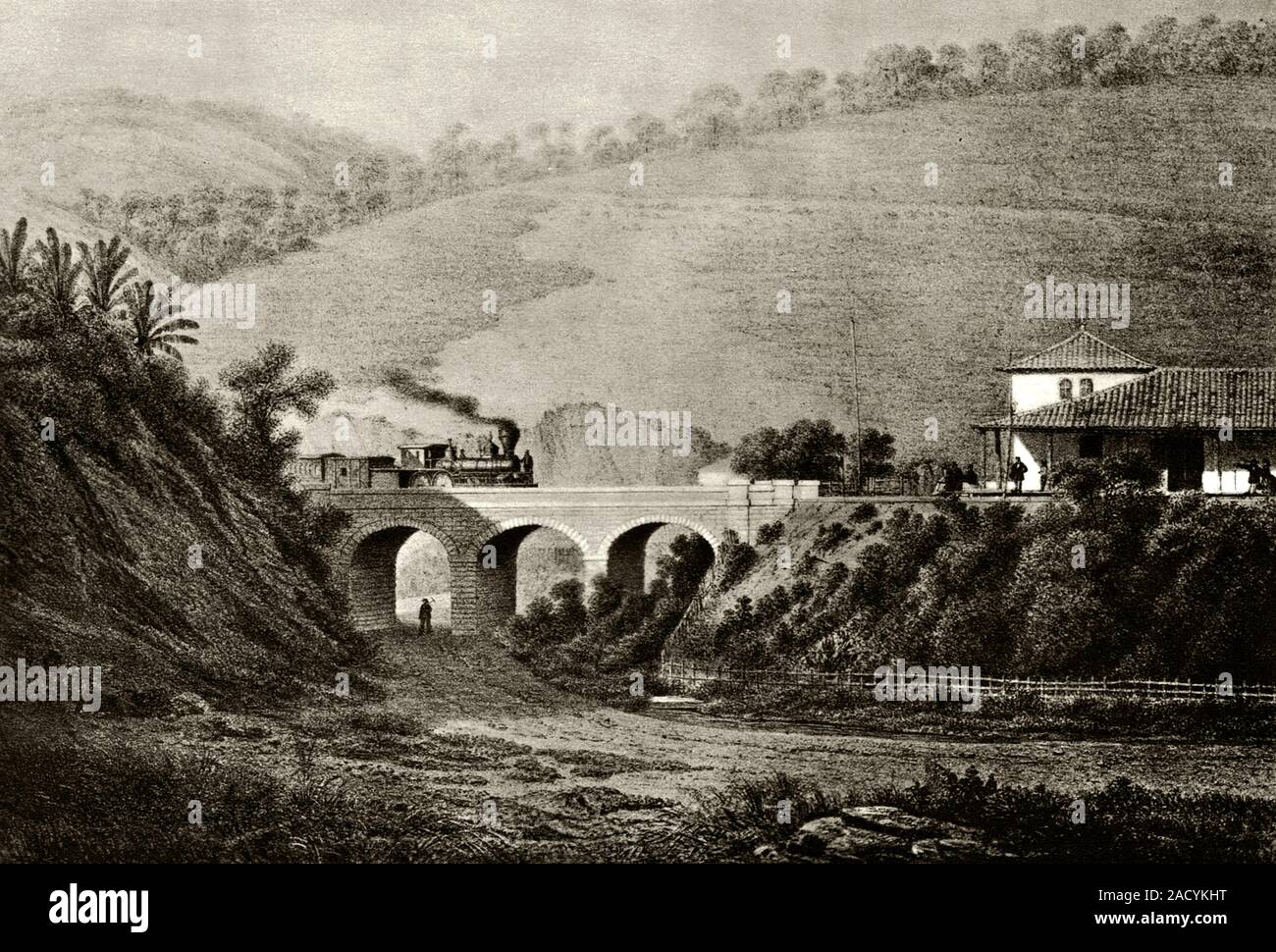 Pedro II railway, Brazil. 1858 engraving of a train crossing a viaduct ...