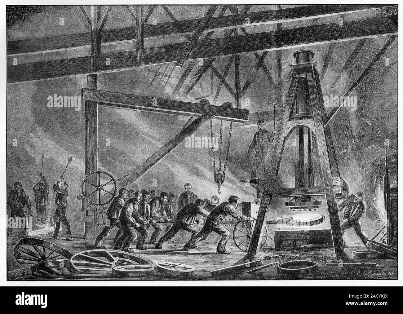 19th Century railway wheelwright. 1862 engraving of the interior of the ...