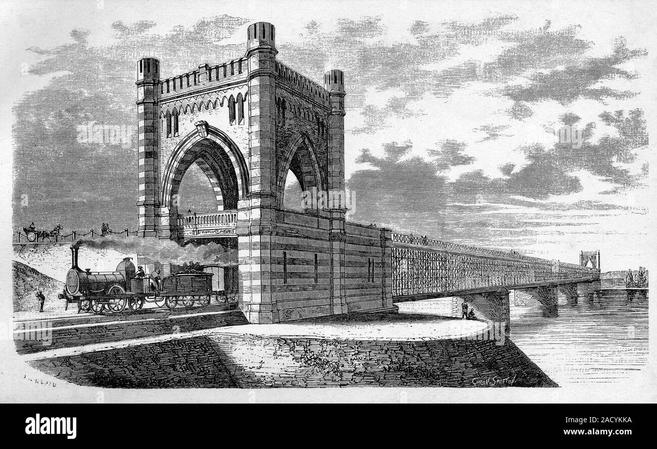 19th Century rail bridge. 1866 French engraving of a railway viaduct ...