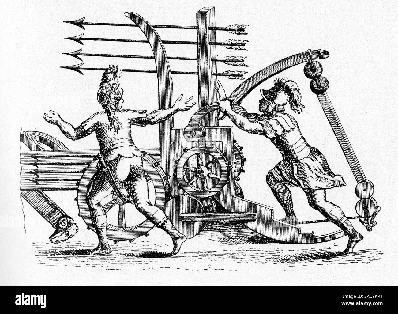 Roman ballista. Historical engraving of Roman soldiers operating a