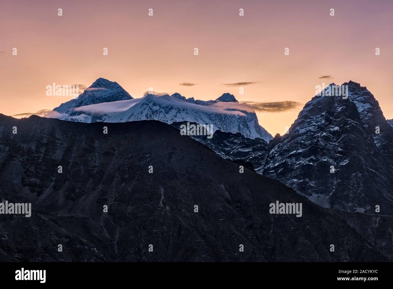 Summits of Mt. Everest, Mt. Lhotse and Mt. Nuptse, before sunrise Stock Photo