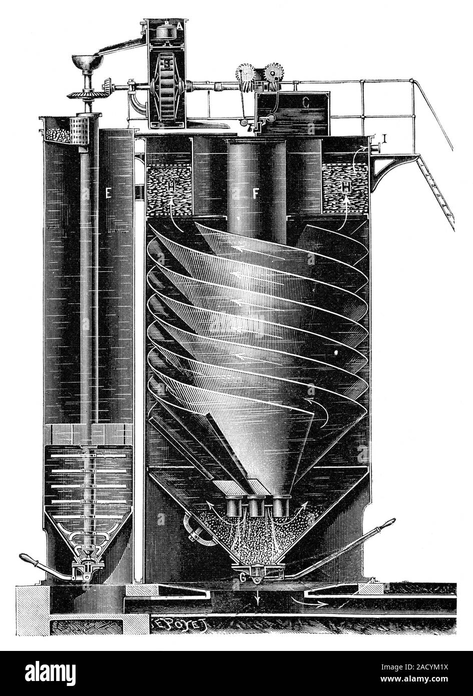 Boiler water purification, 19th century. Illustration of a vertical