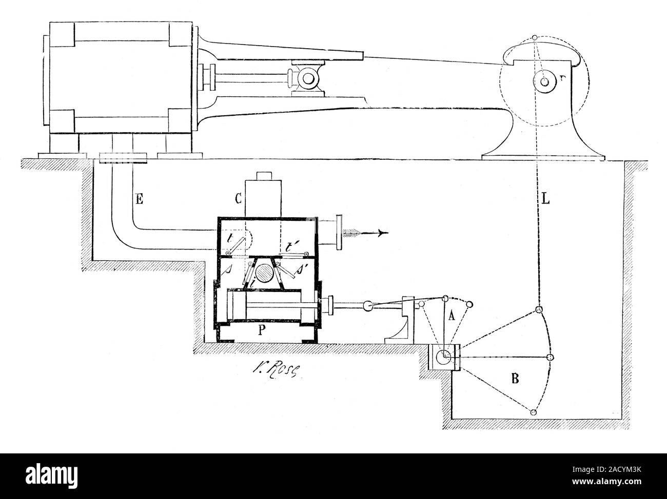 Corliss steam engine, 19th century. Illustration of a section through a