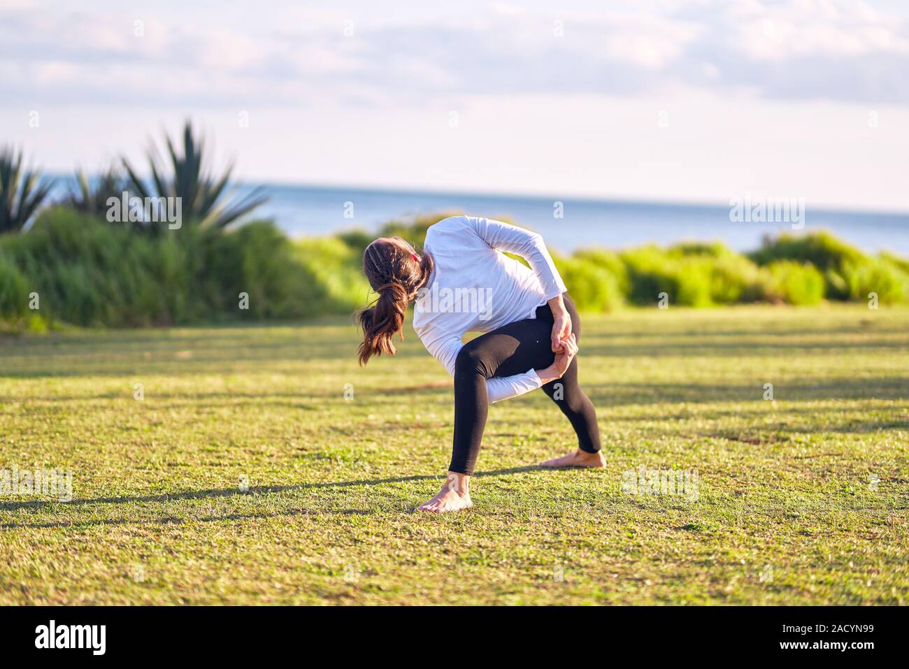 Young beautiful sportwoman practicing yoga. Coach teaching revolved triangle pose at park Stock Photo