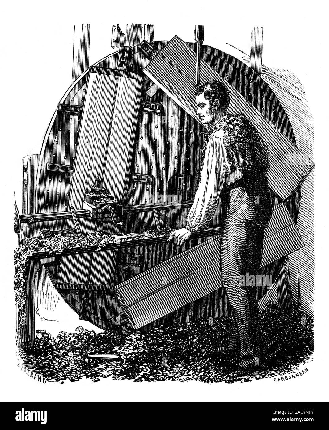 Vertical planing machine, 19th century. Illustration of a worker using
