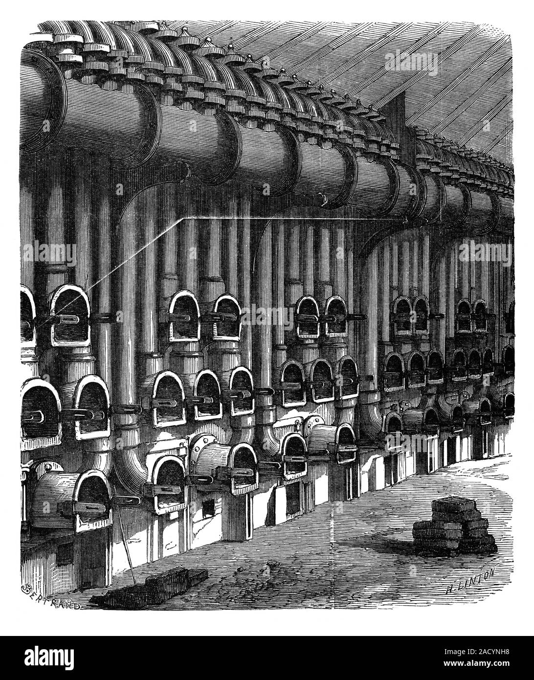 Cokeburning flues, 19th century. Illustration of flues and ovens used in the heating of coke (a