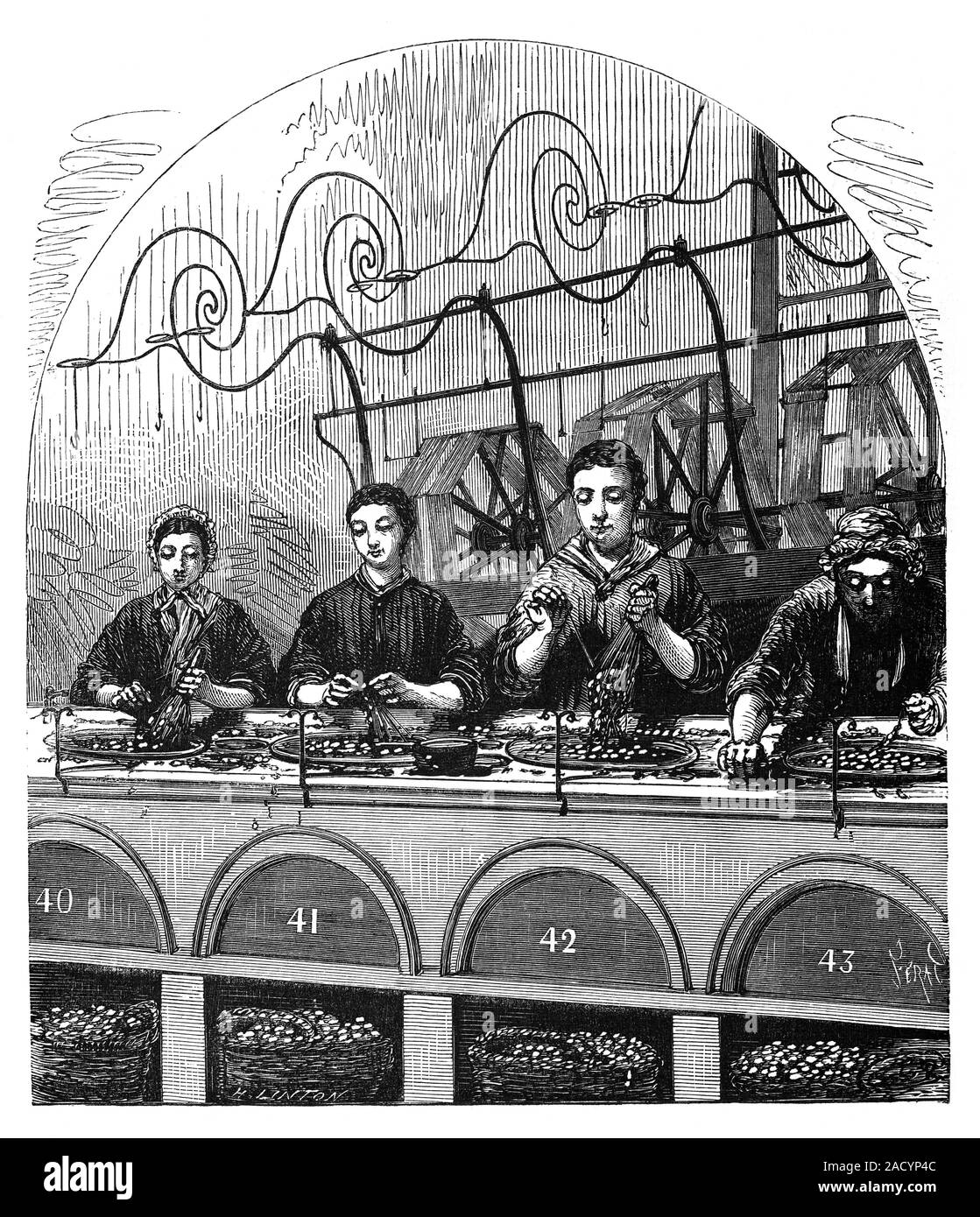 Silk spinning, 19th century. Illustration of workers at a silk factory