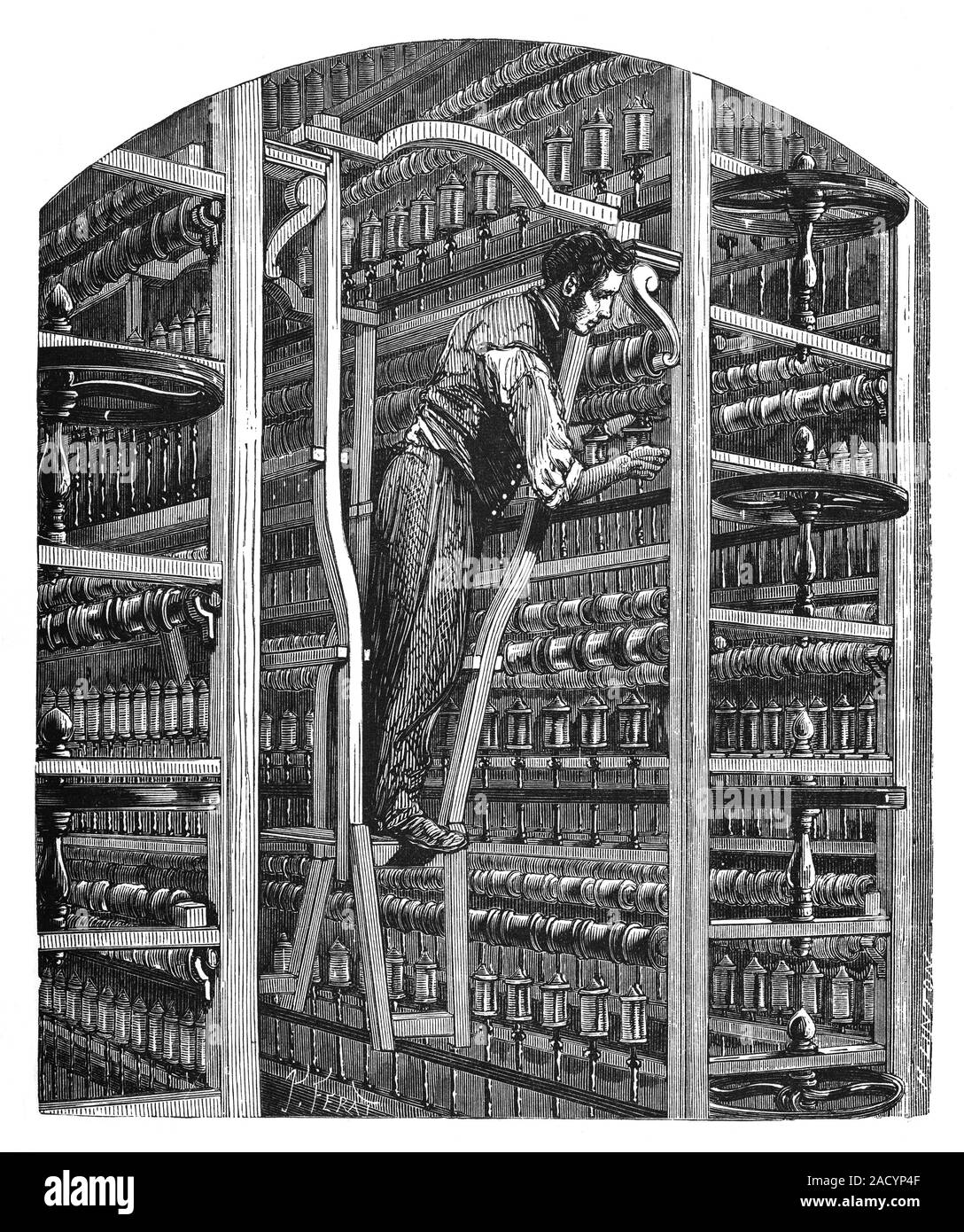 Silk spinning, 19th century. Illustration of a worker adjusting