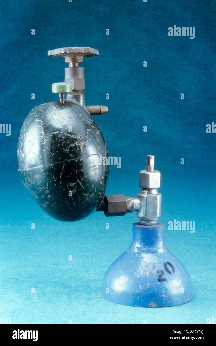 A Pinson hopper; a historic fitting for a pressurised nitrous oxide cylinder used in general