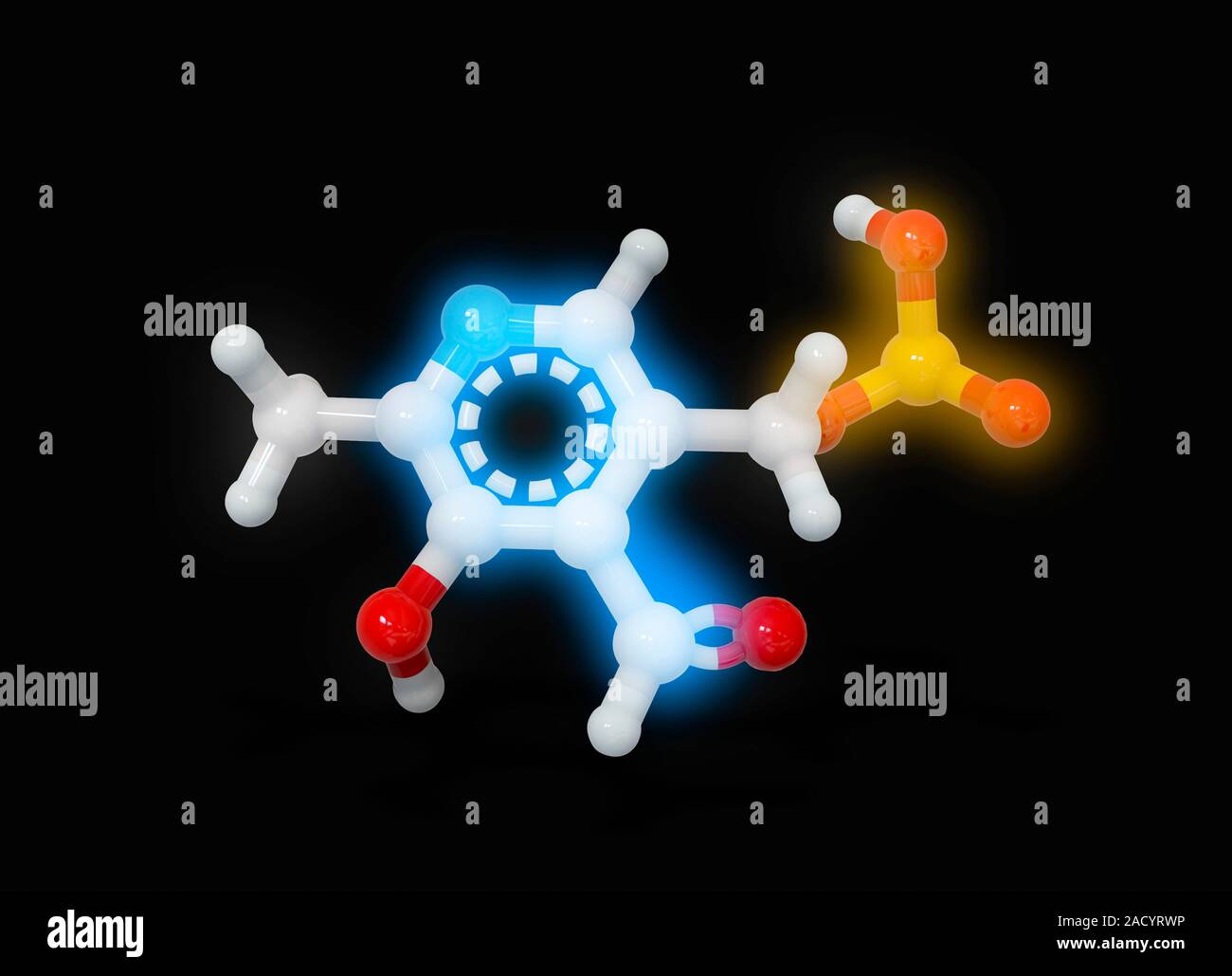Pyridoxal phosphate molecule. Computer model showing the structure of a