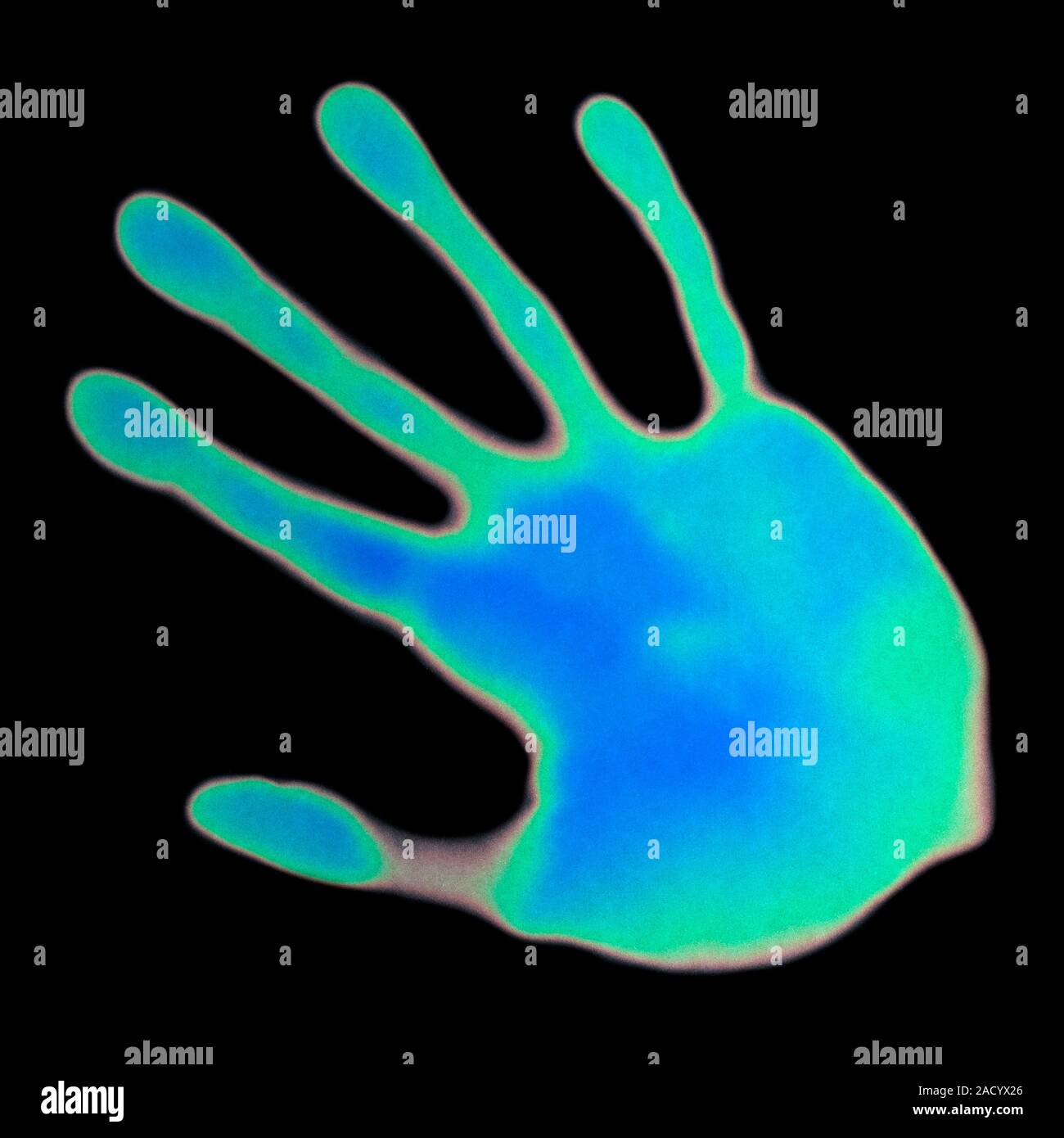 Thermochromism. A hand print on thermochromic paper. The paper has a