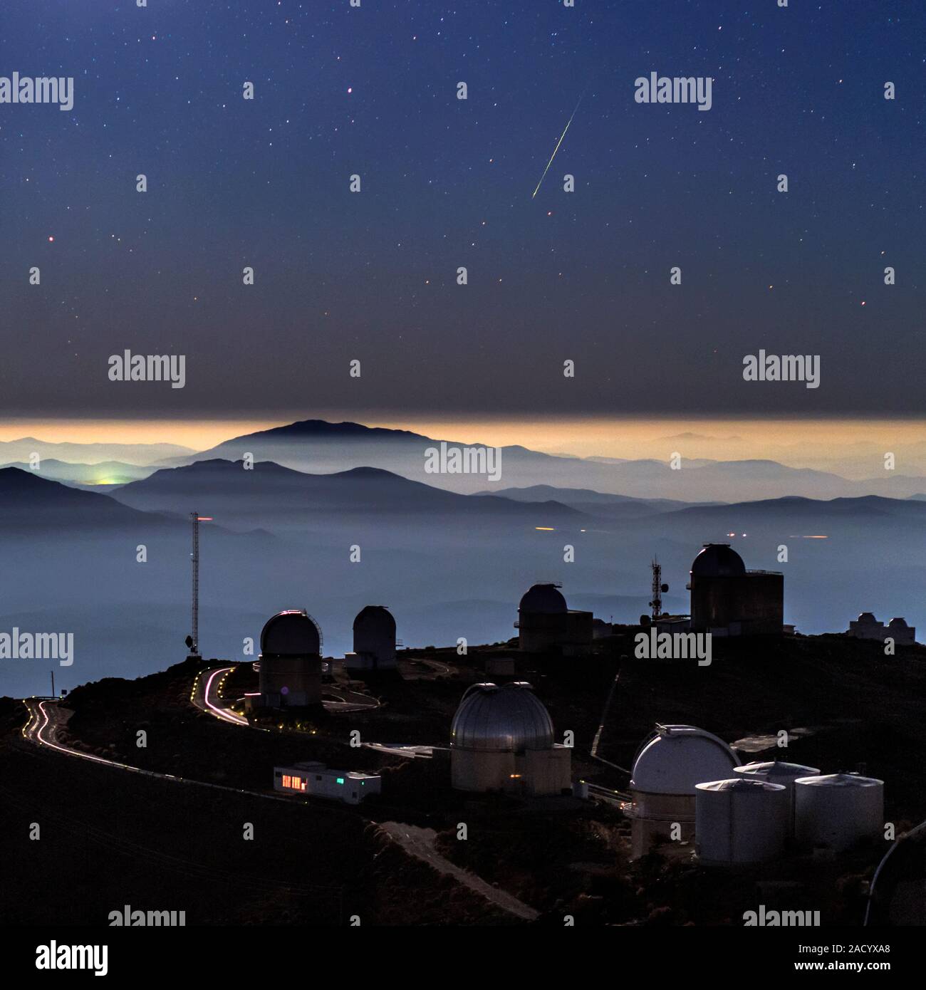 Meteor over La Silla Observatory. View of a meteor in the night sky