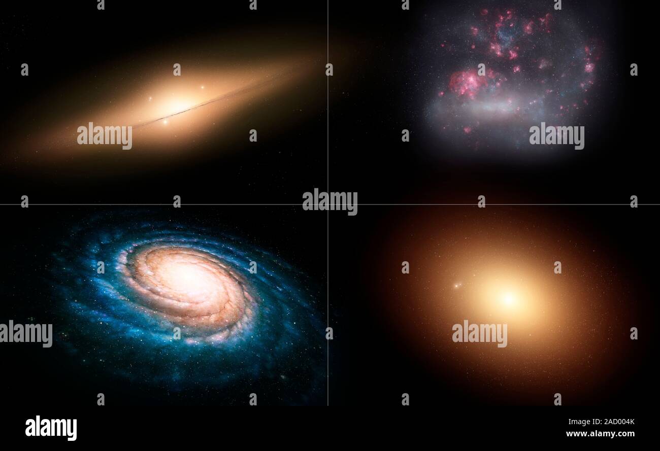 Artwork showing four of the more common types of galaxy. Clockwise from top  left these are: lenticular, irregular, elliptical and spiral. Elliptical g  Stock Photo - Alamy