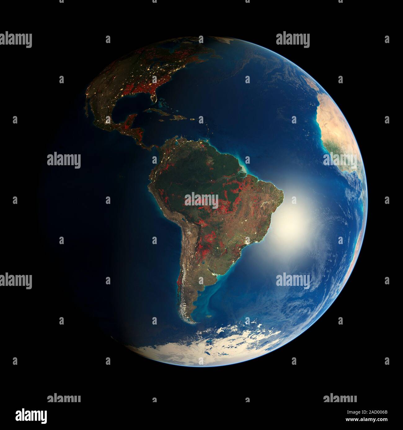 Earth's deforestation, 2000-2012. Earth hemisphere map, centred on ...