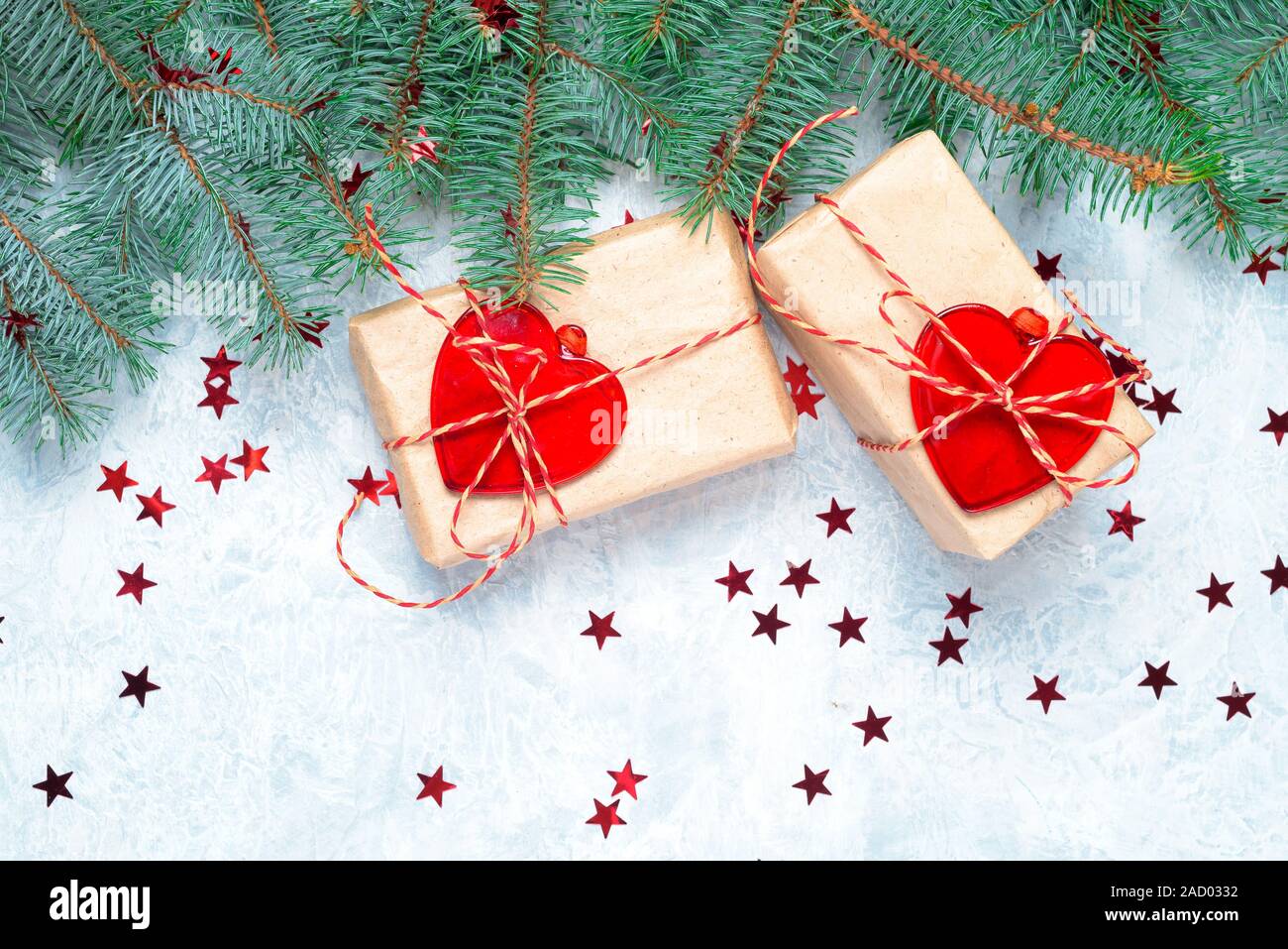 Small Handmade gift boxes in shiny blue night Stock Photo