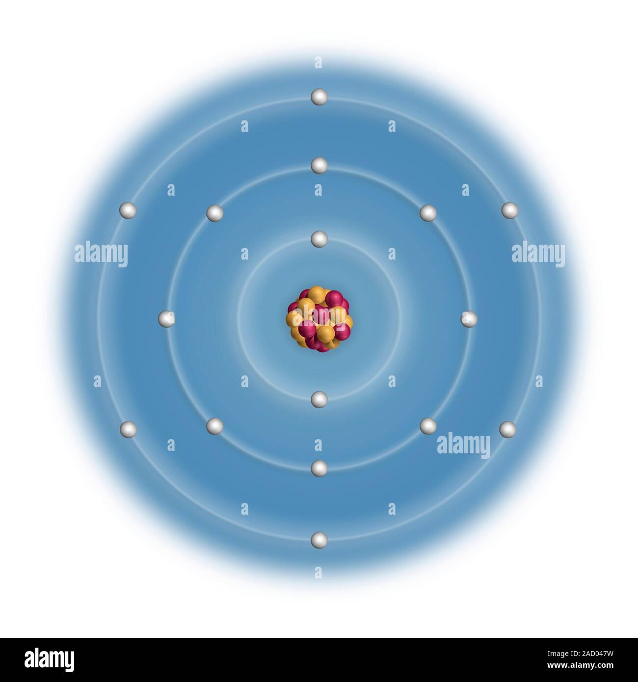 Sulfur (S). Diagram of the nuclear composition and electron