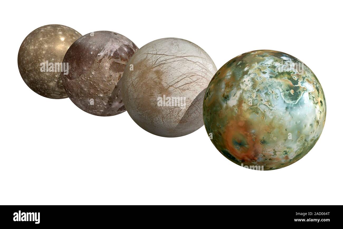 Moons of Jupiter. Computer illustration showing the four largest moons ...