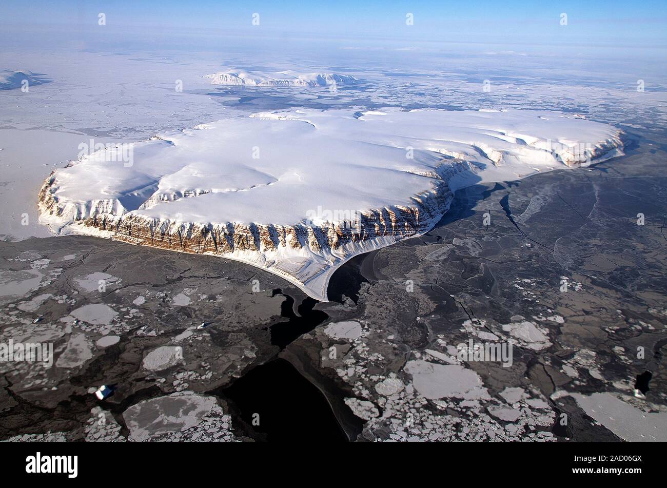 Appat Island, Greenland. Aerial view over the snow-covered Saunders ...