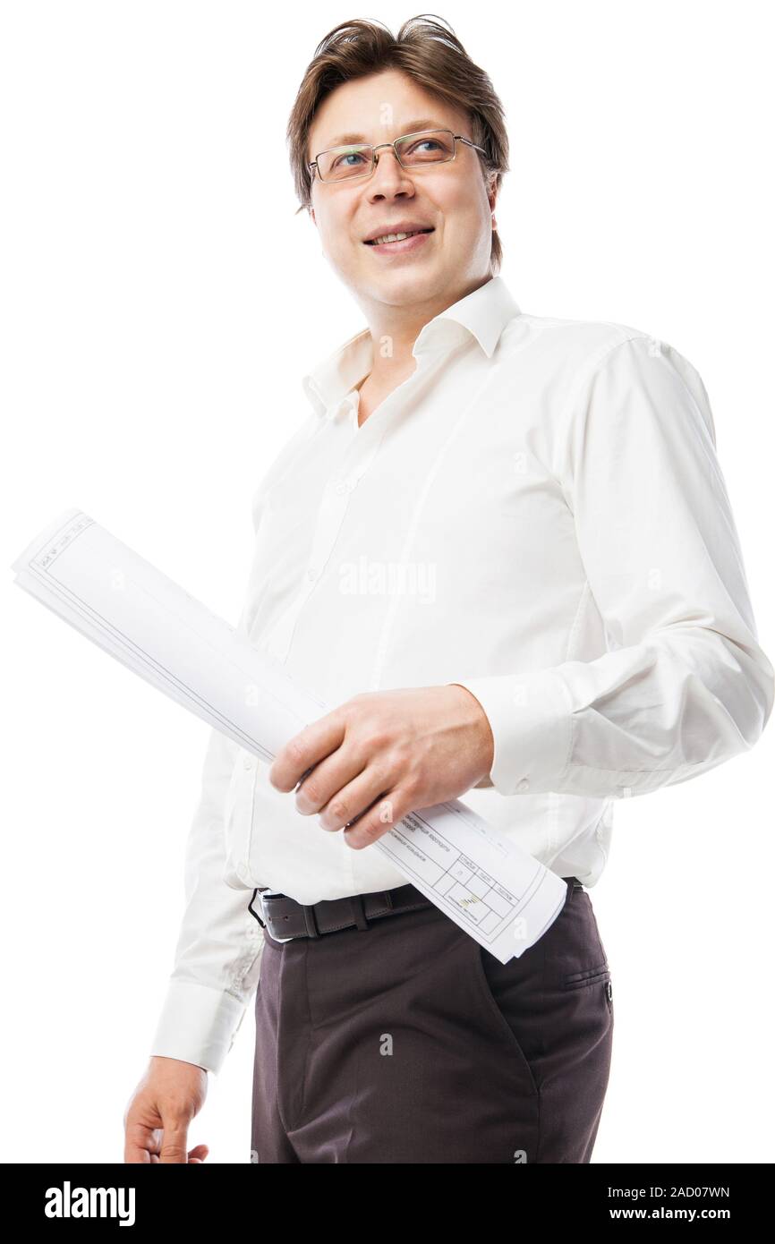 Contractor wearing suit holding blueprints Stock Photo