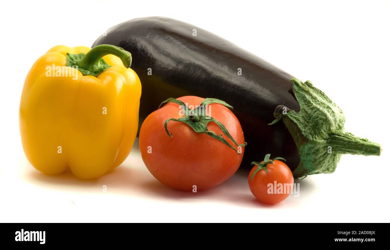 Eggplant, sweet pepper, and tomatoes Stock Photo