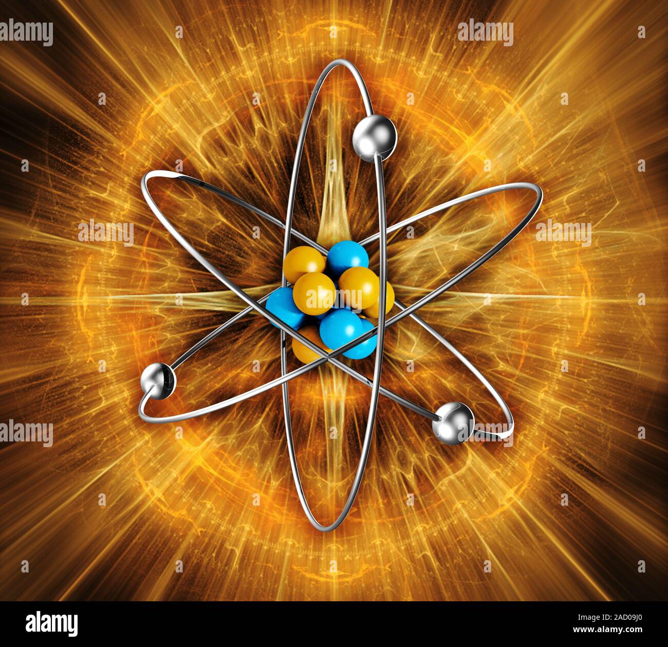 Atomic structure, computer illustration. In the centre of the atom is ...