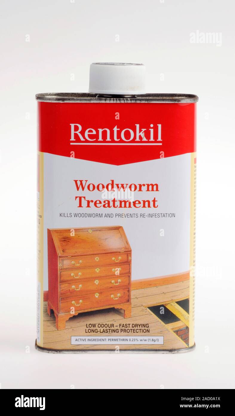 Woodworm treatment. Bottle containing chemicals used to kill woodworm