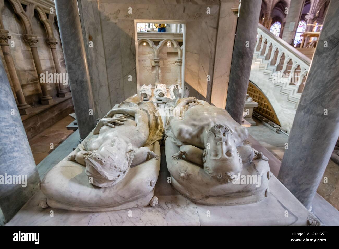 Marble recumbent sculptures of Henry II and Catherine de' Medici on their tomb in Basilica Cathedral of Saint-Denis, Paris Stock Photo